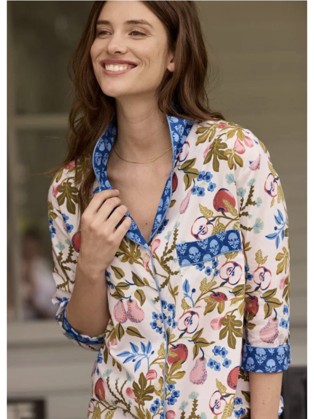 PRINTFRESH Pomme & Poire Cotton Pajama Top Small Coquette Whimsy Fruit Print